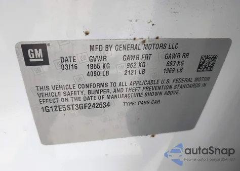 2016 Chevrolet Malibu 1Lt из США, поврежденный, VIN 1G1ZE5ST3GF242634